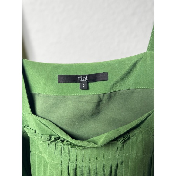 Tibi Preppy Pleated Fit Sheath Midi Dress Green Sz 2 Spaghetti Strap Square Neck - Picture 8 of 11